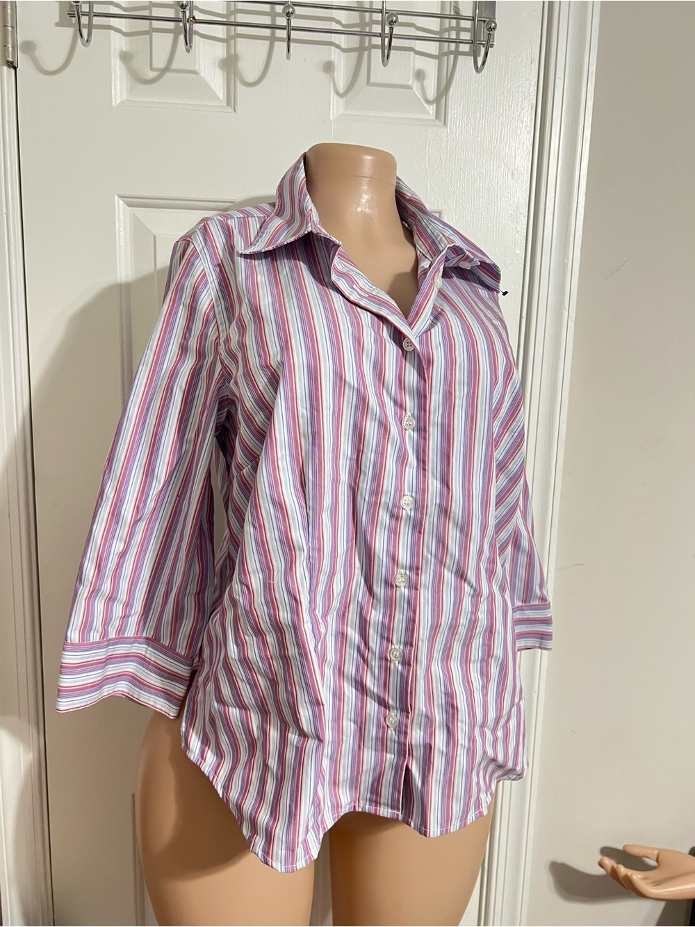 Norm Thompson Striped Button-Down Shirt in Pink, Blue & White